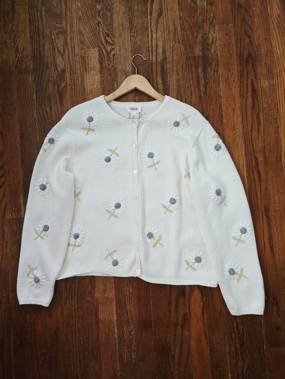 Talbots Cardigan Sweater XL Ivory Blue Floral Embroidered Daisy Cottagecore Knit